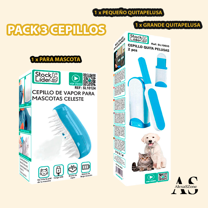 Pack 3 Cepillos Mascotas y Quitapelusas